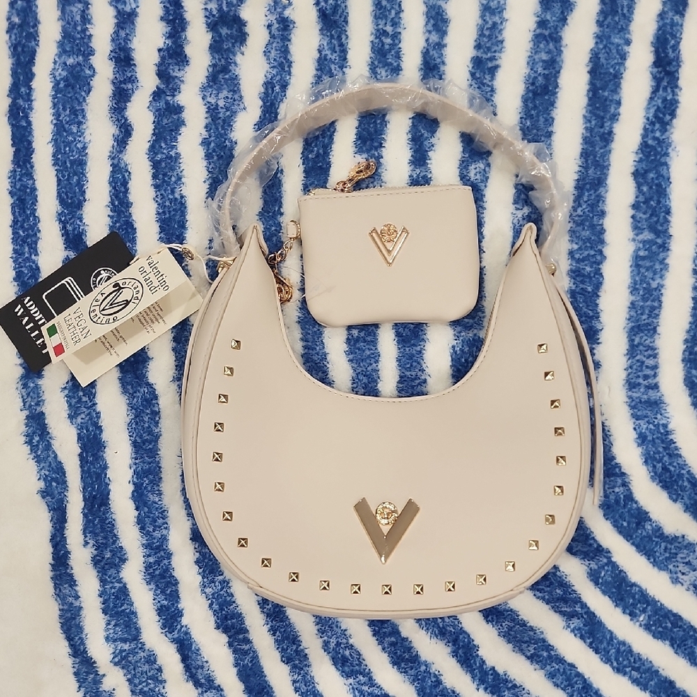 Valentino Orlandi Elegant Cream Gold Studded Women's Bag With Purse